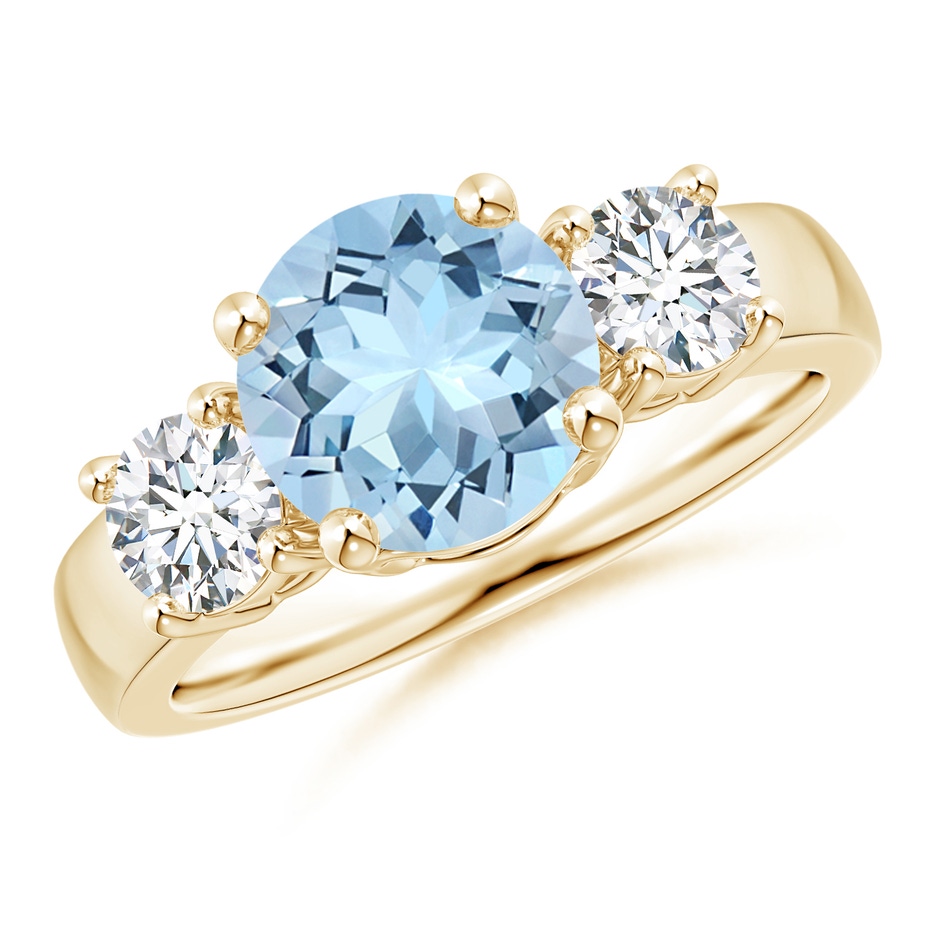 8mm AAA Classic Aquamarine and Diamond Three Stone Engagement Ring in Yellow Gold 