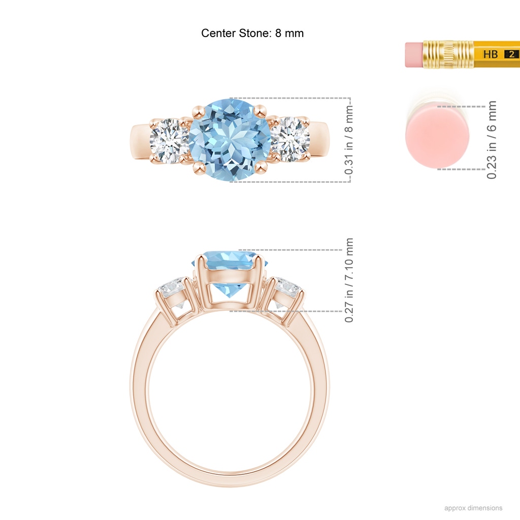 8mm AAAA Classic Aquamarine and Diamond Three Stone Engagement Ring in Rose Gold ruler