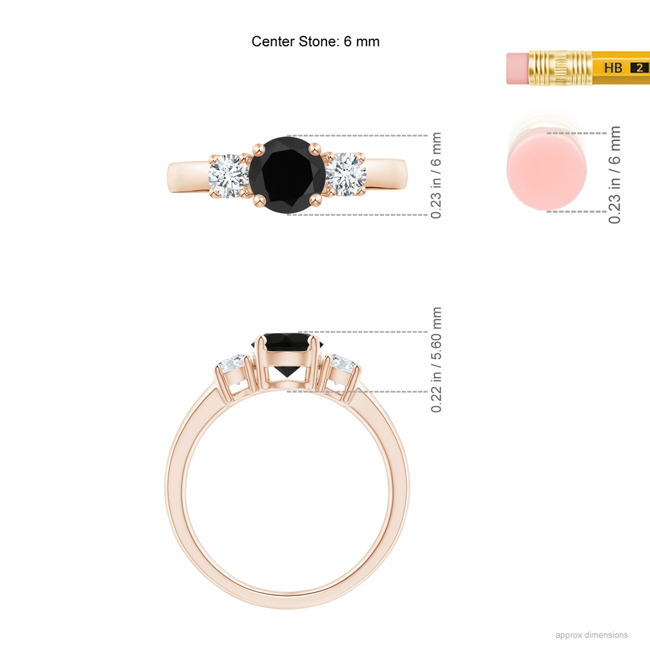 6mm AAA Classic Black Onyx and Diamond Three Stone Engagement Ring in Rose Gold ruler