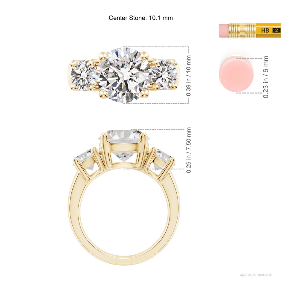 10.1mm IJI1I2 Classic Diamond Three Stone Engagement Ring in Yellow Gold ruler