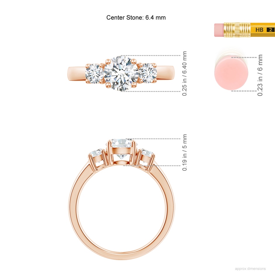 6.4mm GVS2 Classic Diamond Three Stone Engagement Ring in Rose Gold ruler
