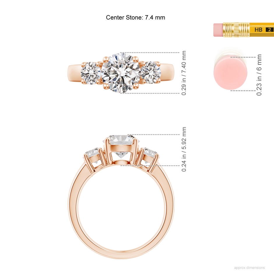 7.4mm IJI1I2 Classic Diamond Three Stone Engagement Ring in Rose Gold ruler
