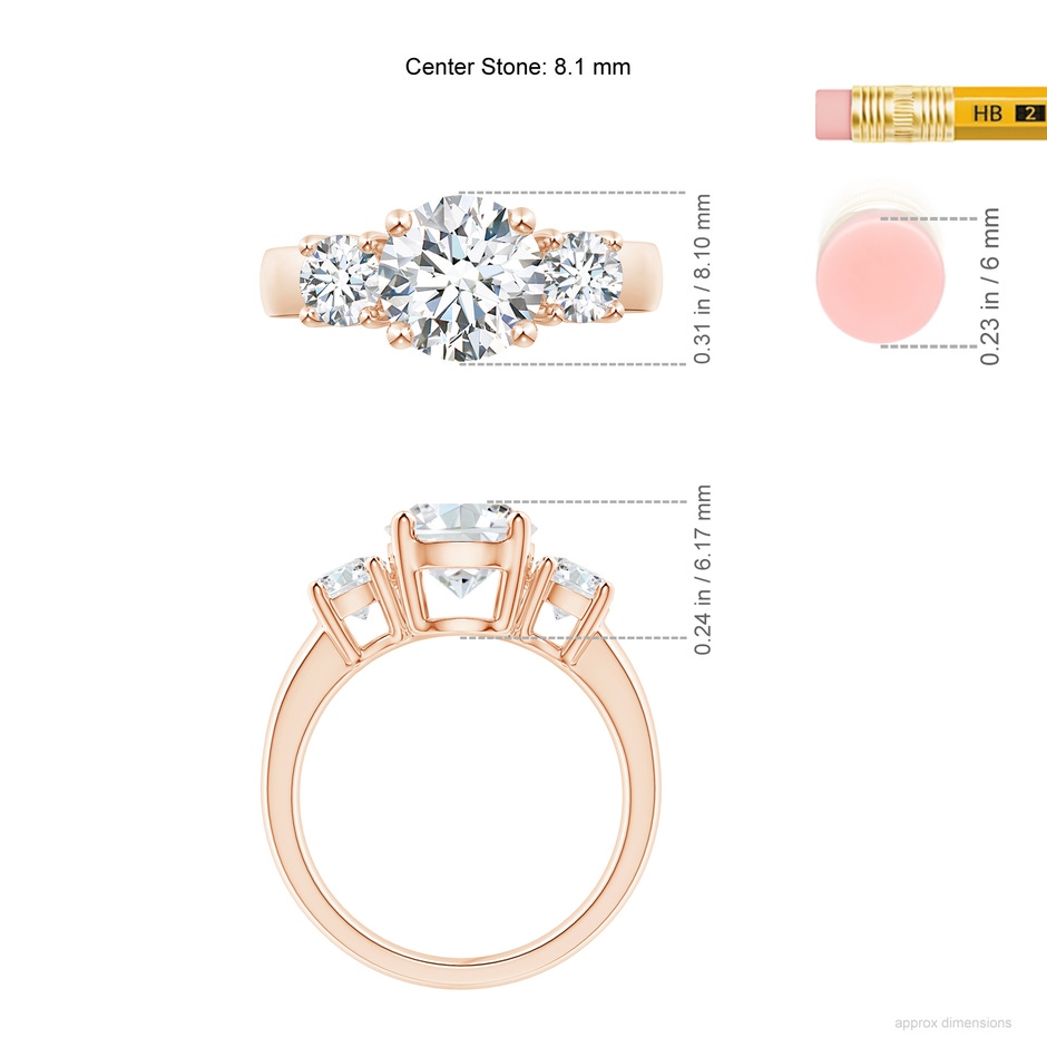 8.1mm GVS2 Classic Diamond Three Stone Engagement Ring in Rose Gold ruler