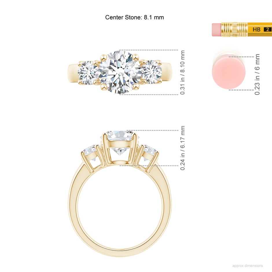 8.1mm GVS2 Classic Diamond Three Stone Engagement Ring in Yellow Gold ruler