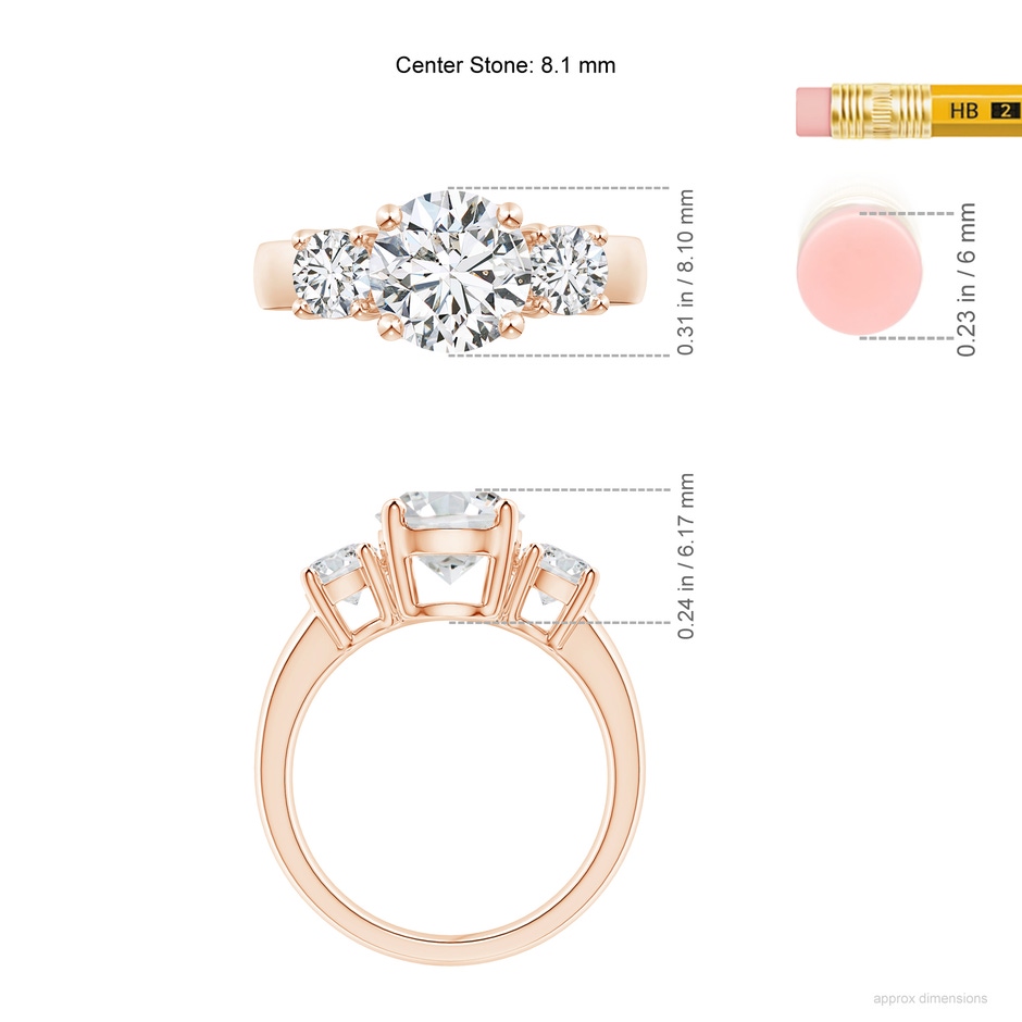 8.1mm HSI2 Classic Diamond Three Stone Engagement Ring in Rose Gold ruler