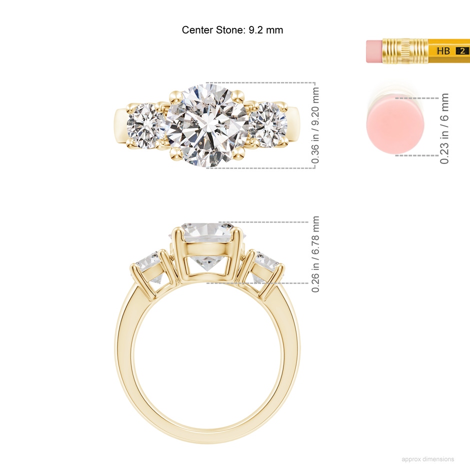 9.2mm IJI1I2 Classic Diamond Three Stone Engagement Ring in Yellow Gold ruler