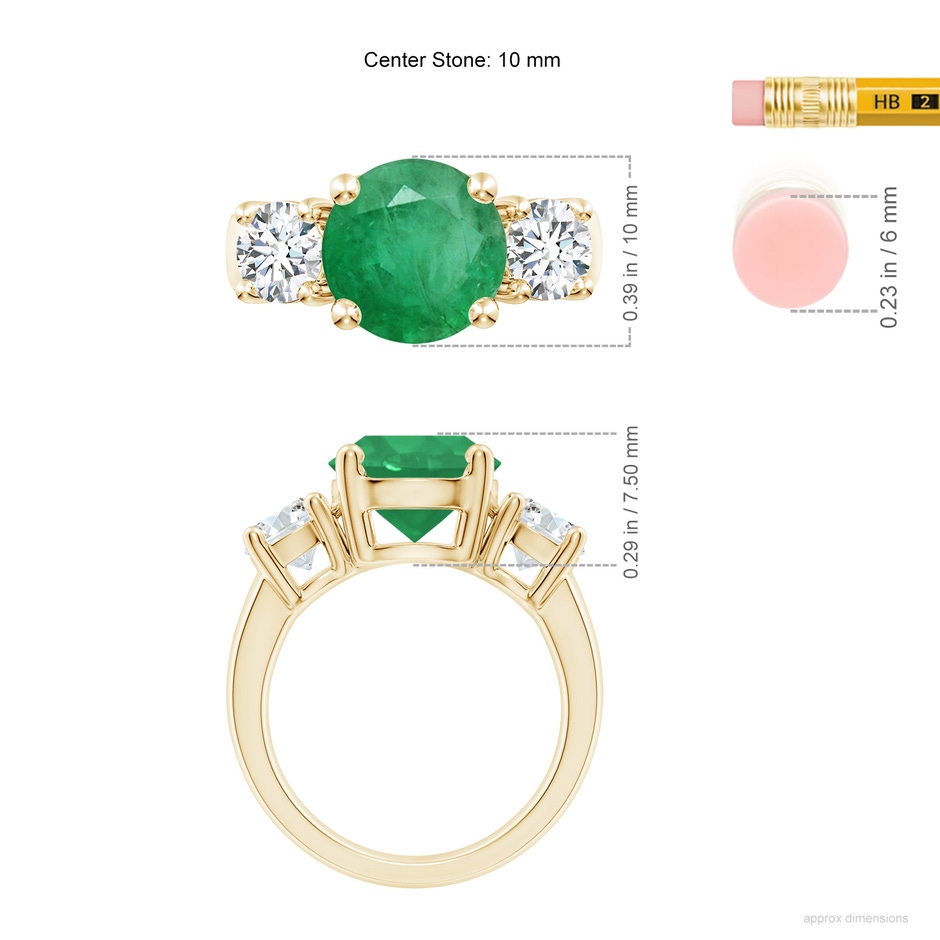 10mm A Classic Emerald and Diamond Three Stone Engagement Ring in Yellow Gold ruler