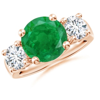 10mm AA Classic Emerald and Diamond Three Stone Engagement Ring in 9K Rose Gold