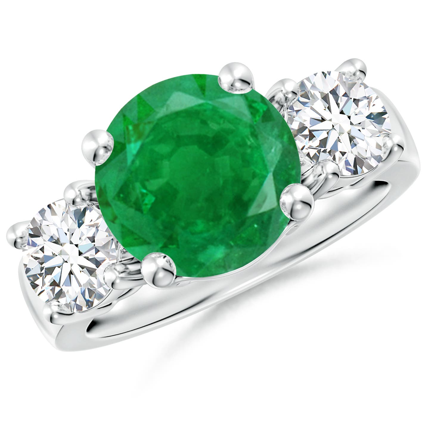 10mm AA Classic Emerald and Diamond Three Stone Engagement Ring in White Gold