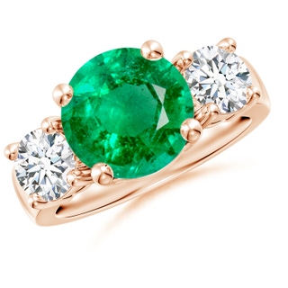 10mm AAA Classic Emerald and Diamond Three Stone Engagement Ring in 9K Rose Gold