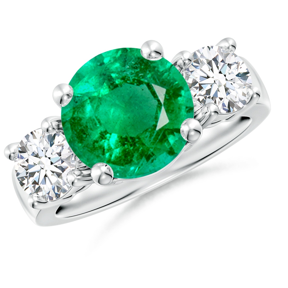 10mm AAA Classic Emerald and Diamond Three Stone Engagement Ring in P950 Platinum 