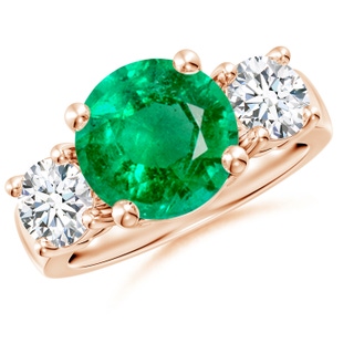 10mm AAA Classic Emerald and Diamond Three Stone Engagement Ring in Rose Gold