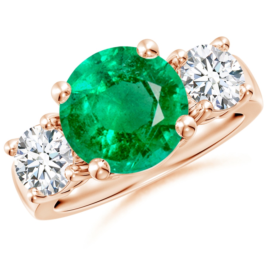10mm AAA Classic Emerald and Diamond Three Stone Engagement Ring in Rose Gold 