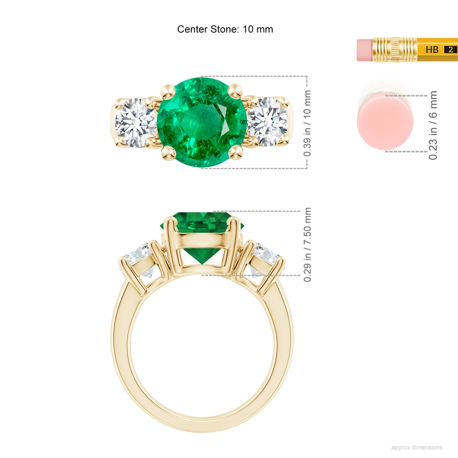 10mm AAA Classic Emerald and Diamond Three Stone Engagement Ring in Yellow Gold ruler