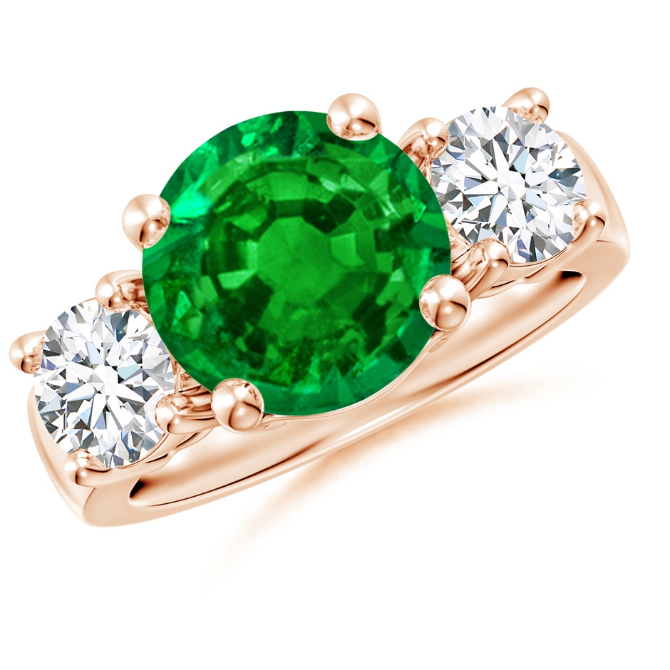 10mm AAAA Classic Emerald and Diamond Three Stone Engagement Ring in Rose Gold 