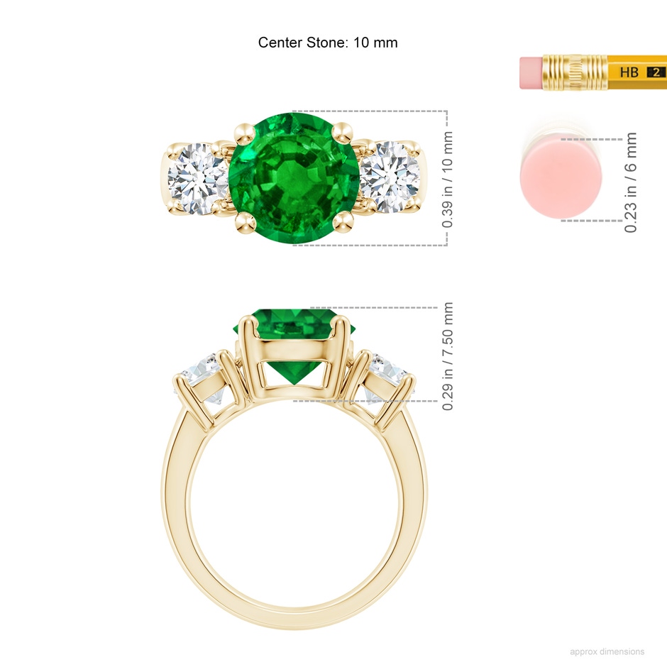 10mm AAAA Classic Emerald and Diamond Three Stone Engagement Ring in Yellow Gold ruler