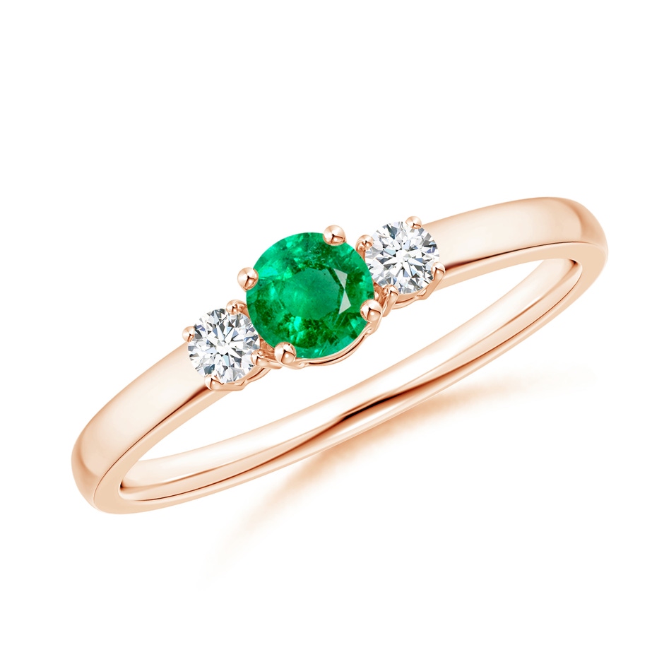 4mm AAA Classic Emerald and Diamond Three Stone Engagement Ring in Rose Gold 