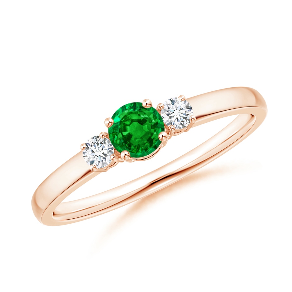 4mm AAAA Classic Emerald and Diamond Three Stone Engagement Ring in Rose Gold 