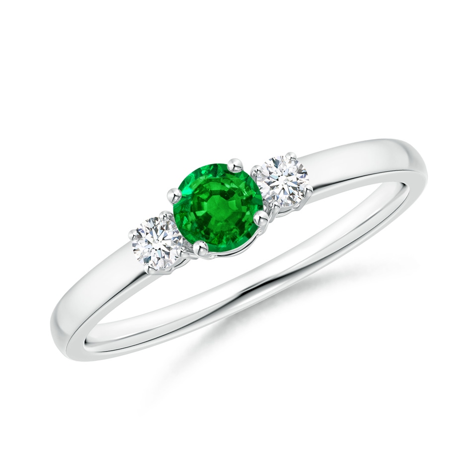 4mm AAAA Classic Emerald and Diamond Three Stone Engagement Ring in White Gold 