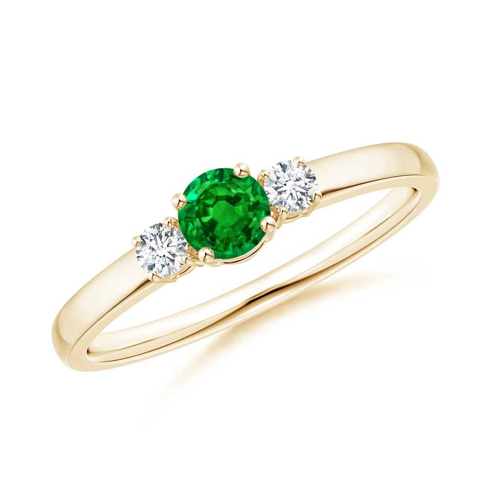 4mm AAAA Classic Emerald and Diamond Three Stone Engagement Ring in Yellow Gold 