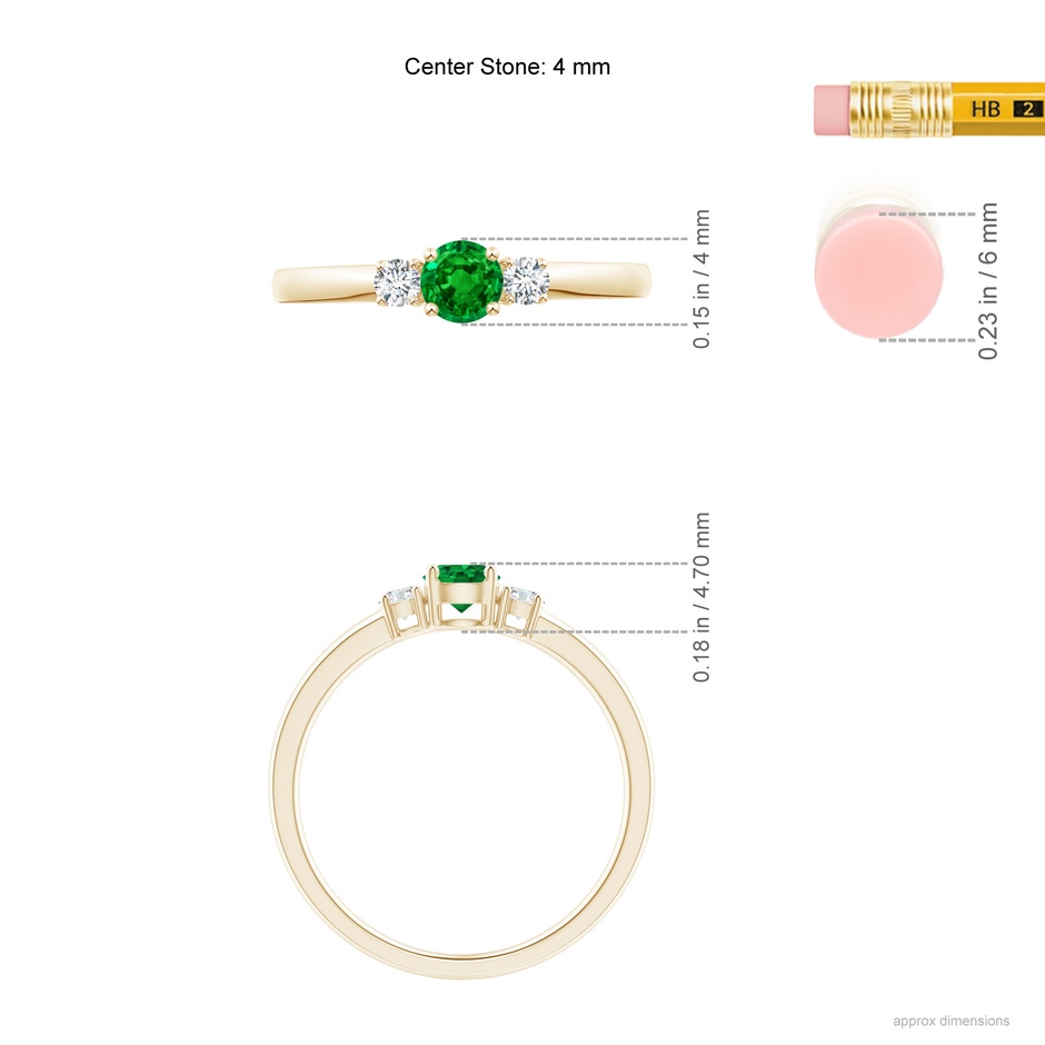 4mm AAAA Classic Emerald and Diamond Three Stone Engagement Ring in Yellow Gold ruler