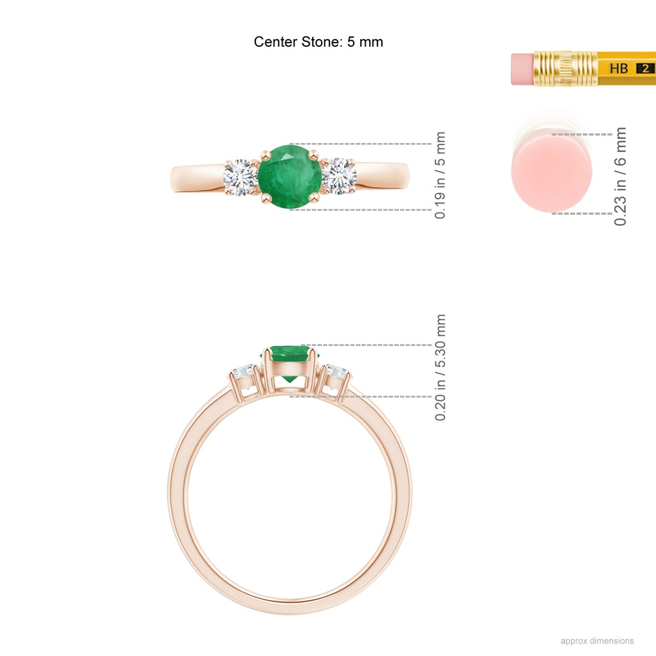 5mm A Classic Emerald and Diamond Three Stone Engagement Ring in Rose Gold ruler