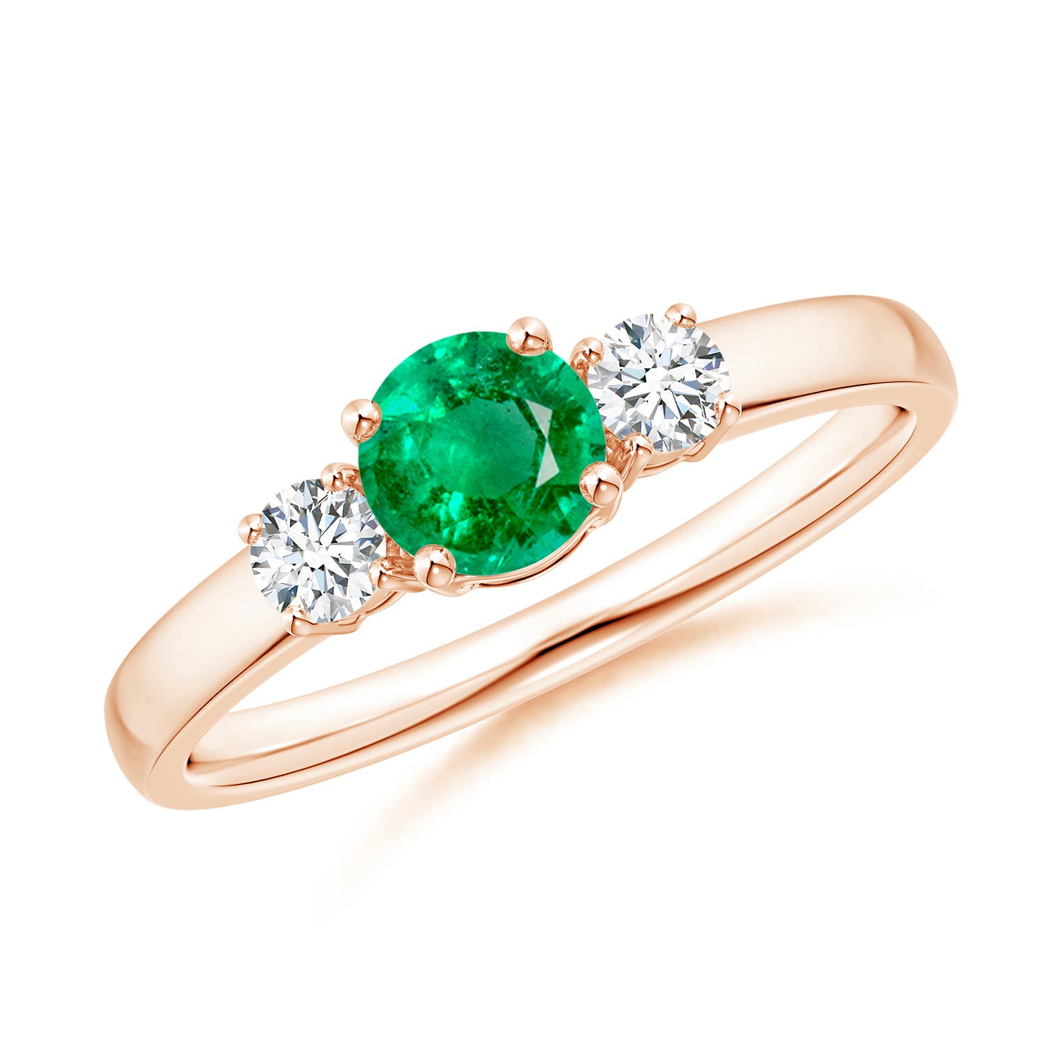 5mm AAA Classic Emerald and Diamond Three Stone Engagement Ring in Rose Gold