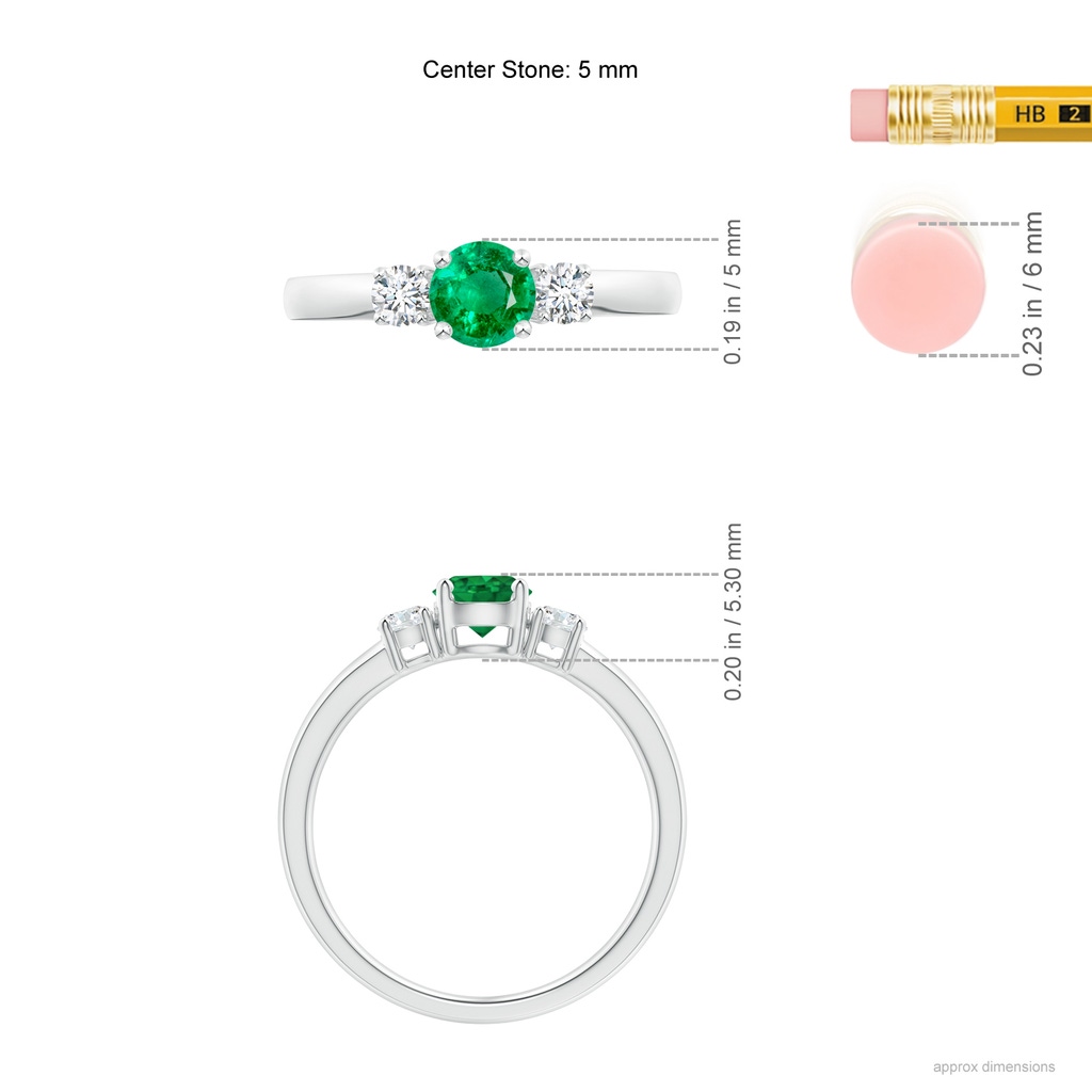 5mm AAA Classic Emerald and Diamond Three Stone Engagement Ring in White Gold ruler