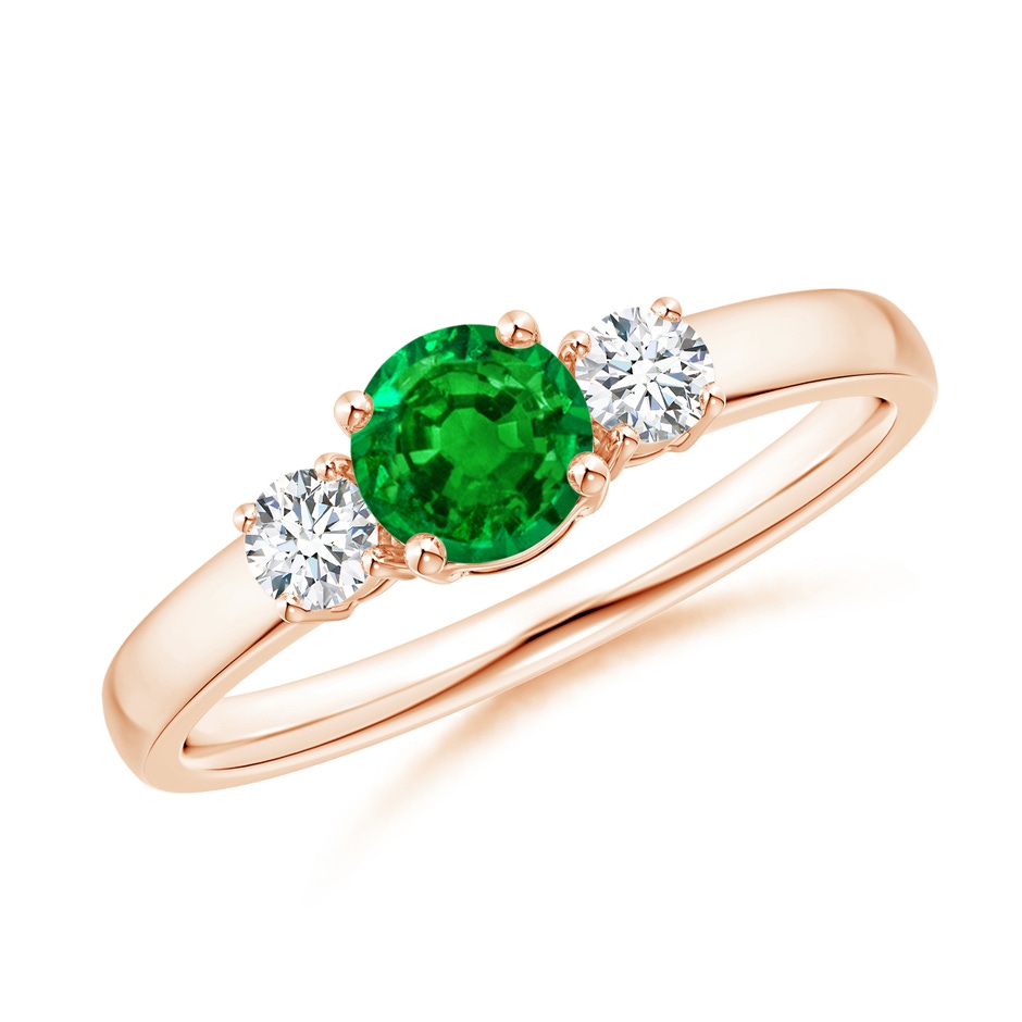 5mm AAAA Classic Emerald and Diamond Three Stone Engagement Ring in Rose Gold 