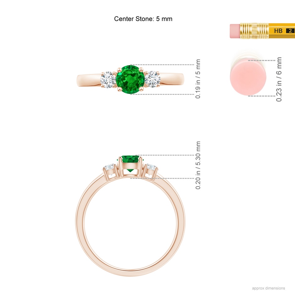 5mm AAAA Classic Emerald and Diamond Three Stone Engagement Ring in Rose Gold ruler