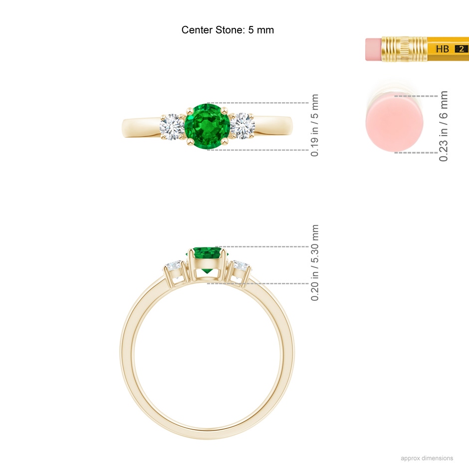5mm AAAA Classic Emerald and Diamond Three Stone Engagement Ring in Yellow Gold ruler