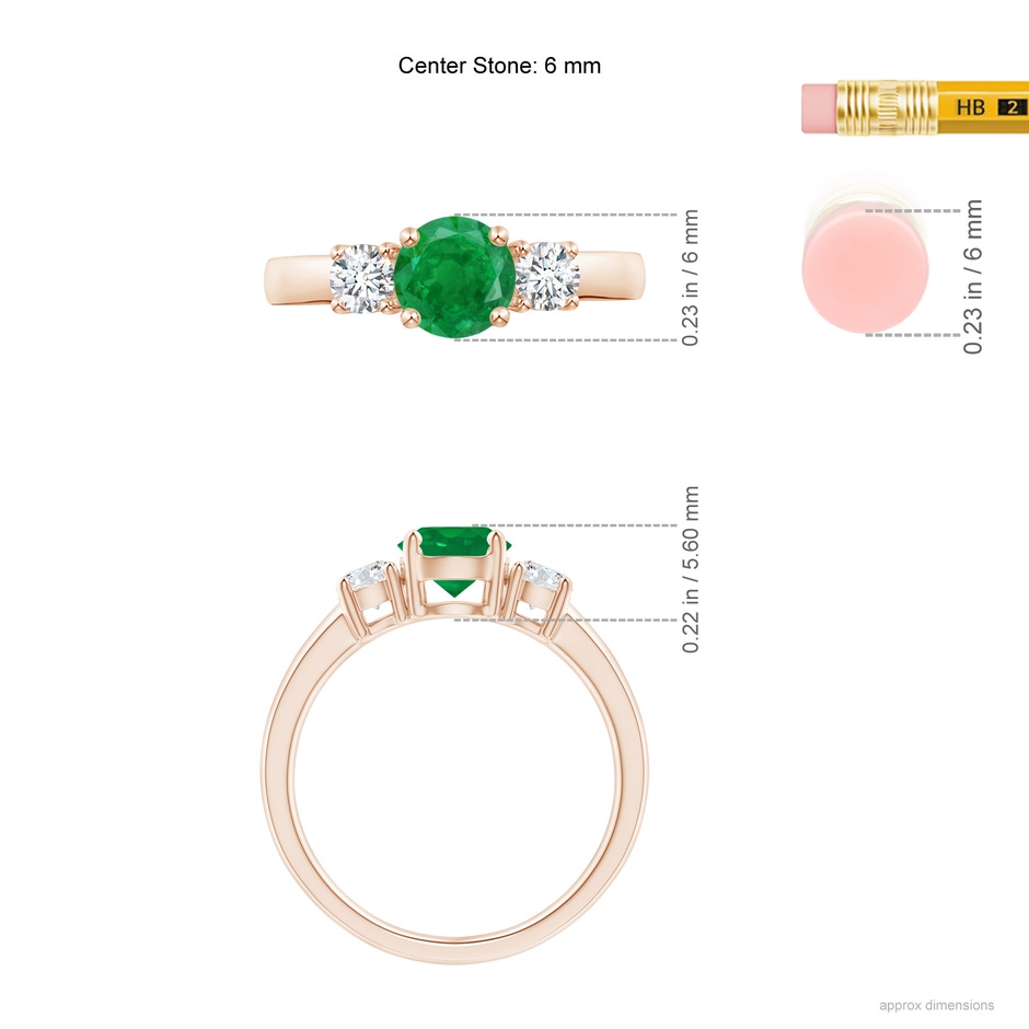 6mm AA Classic Emerald and Diamond Three Stone Engagement Ring in Rose Gold ruler