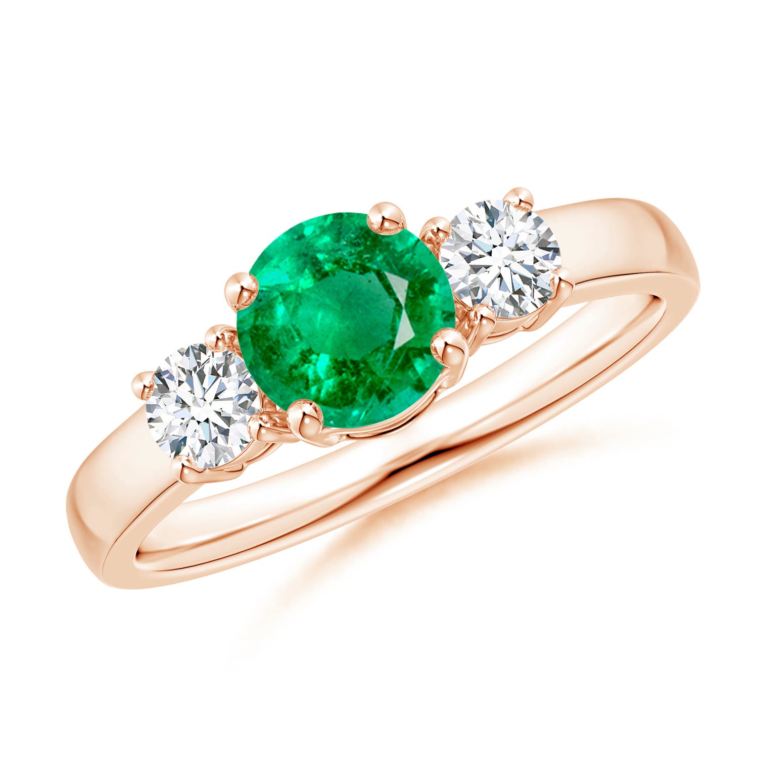 6mm AAA Classic Emerald and Diamond Three Stone Engagement Ring in Rose Gold