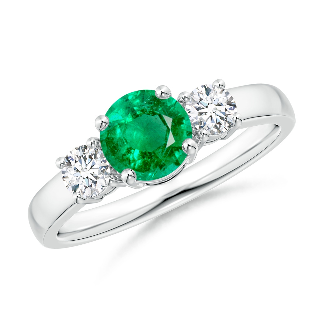 6mm AAA Classic Emerald and Diamond Three Stone Engagement Ring in White Gold