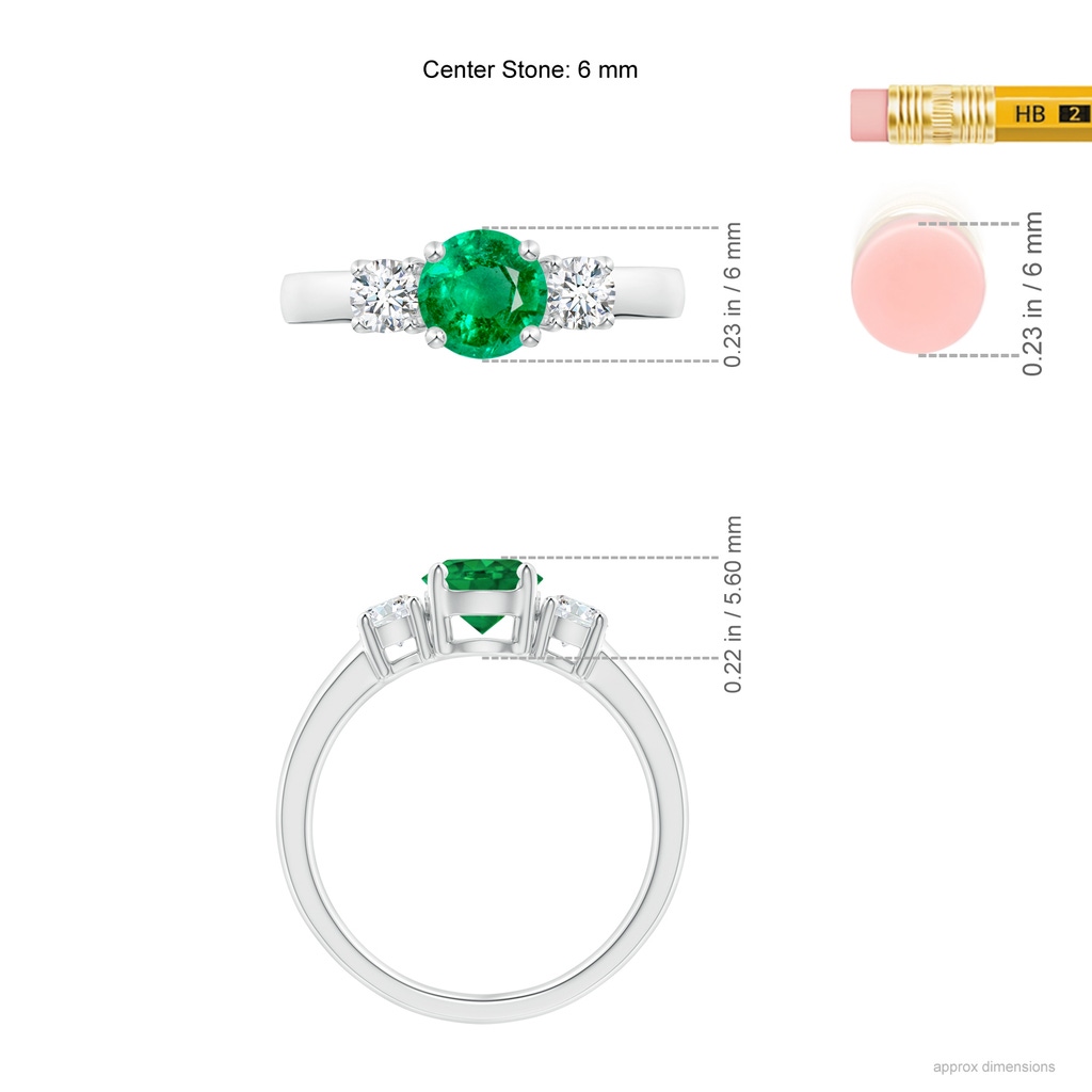 6mm AAA Classic Emerald and Diamond Three Stone Engagement Ring in White Gold ruler