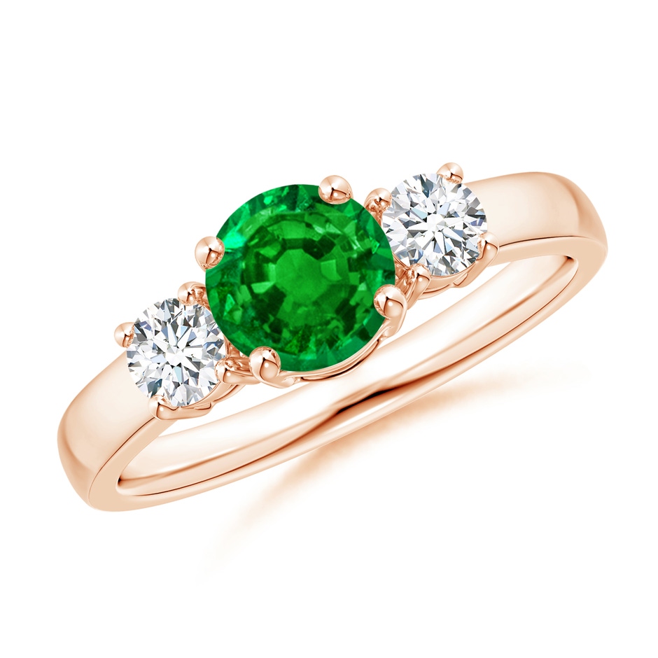 6mm AAAA Classic Emerald and Diamond Three Stone Engagement Ring in Rose Gold 