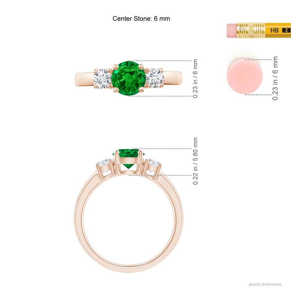 6mm AAAA Classic Emerald and Diamond Three Stone Engagement Ring in Rose Gold ruler