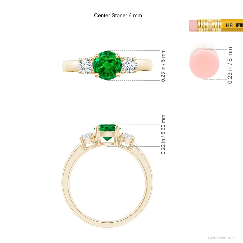 6mm AAAA Classic Emerald and Diamond Three Stone Engagement Ring in Yellow Gold ruler
