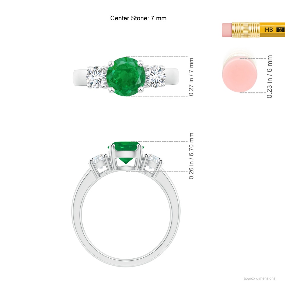 7mm AA Classic Emerald and Diamond Three Stone Engagement Ring in White Gold ruler