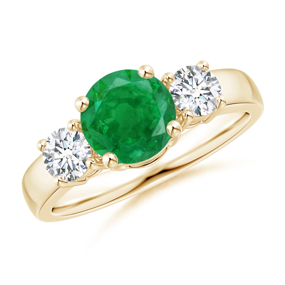 7mm AA Classic Emerald and Diamond Three Stone Engagement Ring in Yellow Gold 