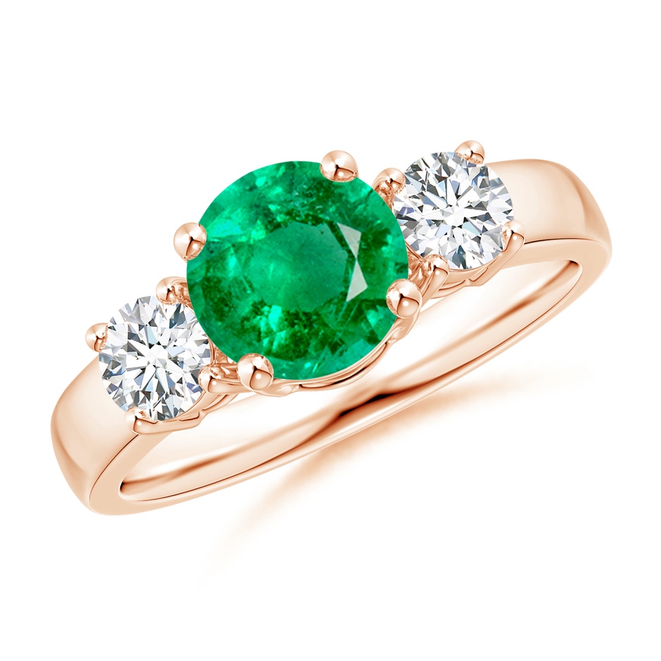 7mm AAA Classic Emerald and Diamond Three Stone Engagement Ring in Rose Gold 