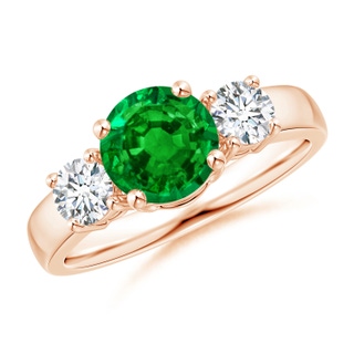 7mm AAAA Classic Emerald and Diamond Three Stone Engagement Ring in 9K Rose Gold