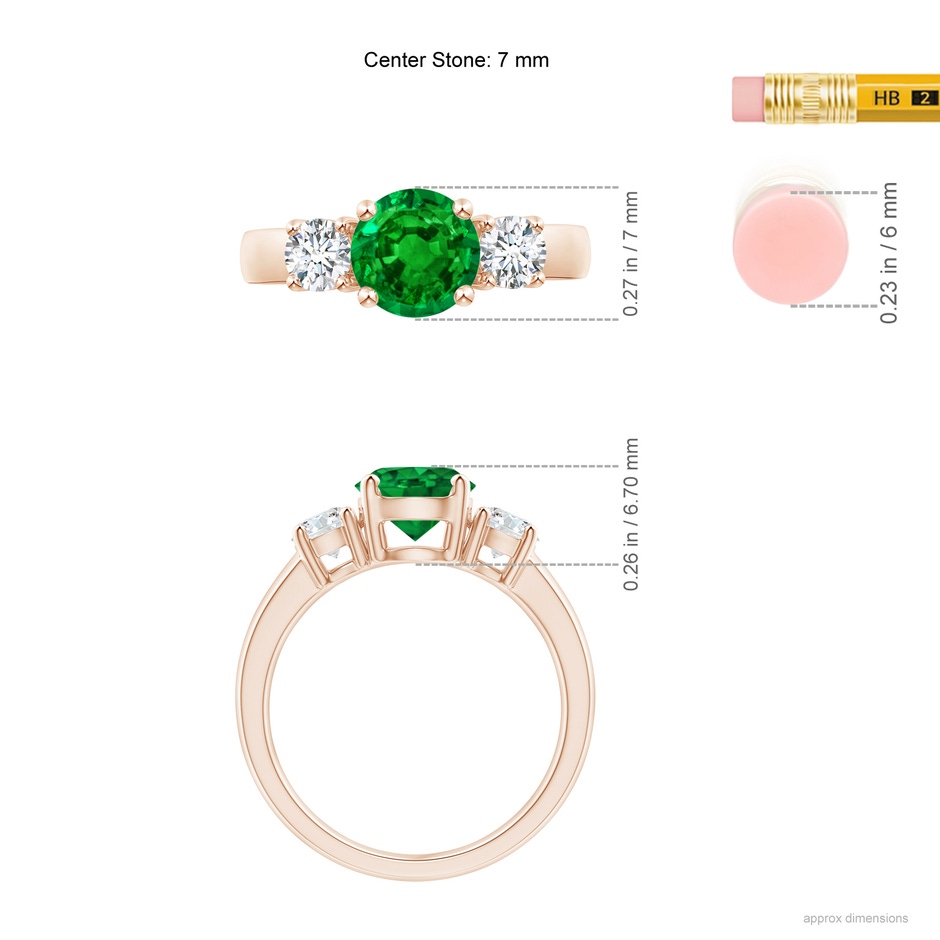 7mm AAAA Classic Emerald and Diamond Three Stone Engagement Ring in Rose Gold ruler