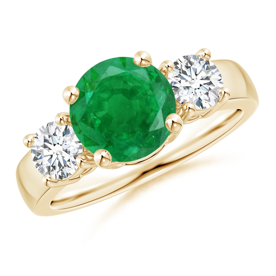 8mm AA Classic Emerald and Diamond Three Stone Engagement Ring in Yellow Gold 