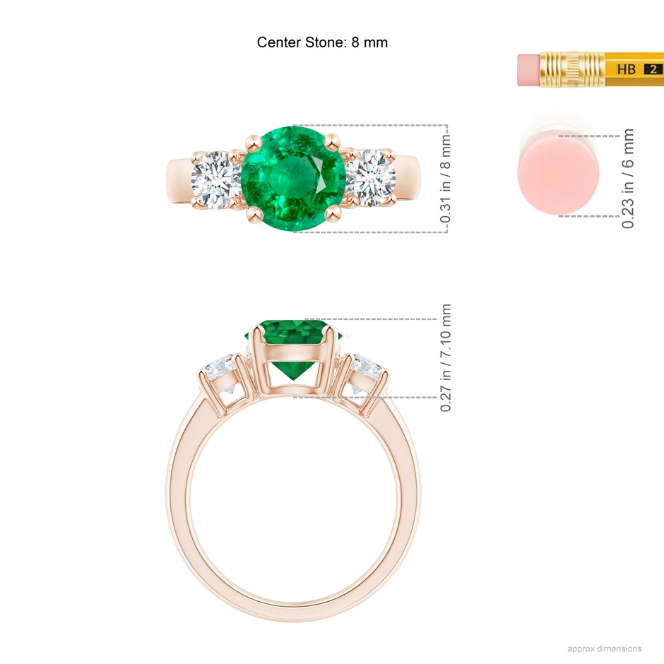 8mm AAA Classic Emerald and Diamond Three Stone Engagement Ring in Rose Gold ruler