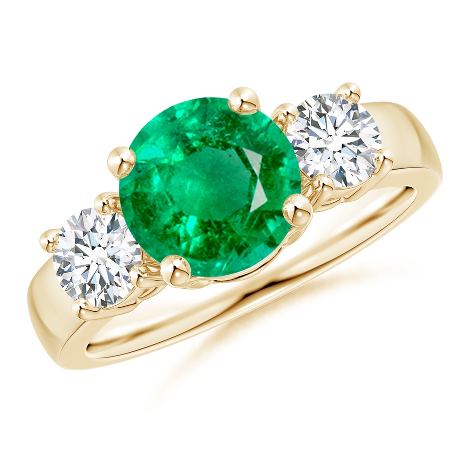 8mm AAA Classic Emerald and Diamond Three Stone Engagement Ring in Yellow Gold 