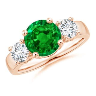 8mm AAAA Classic Emerald and Diamond Three Stone Engagement Ring in 10K Rose Gold