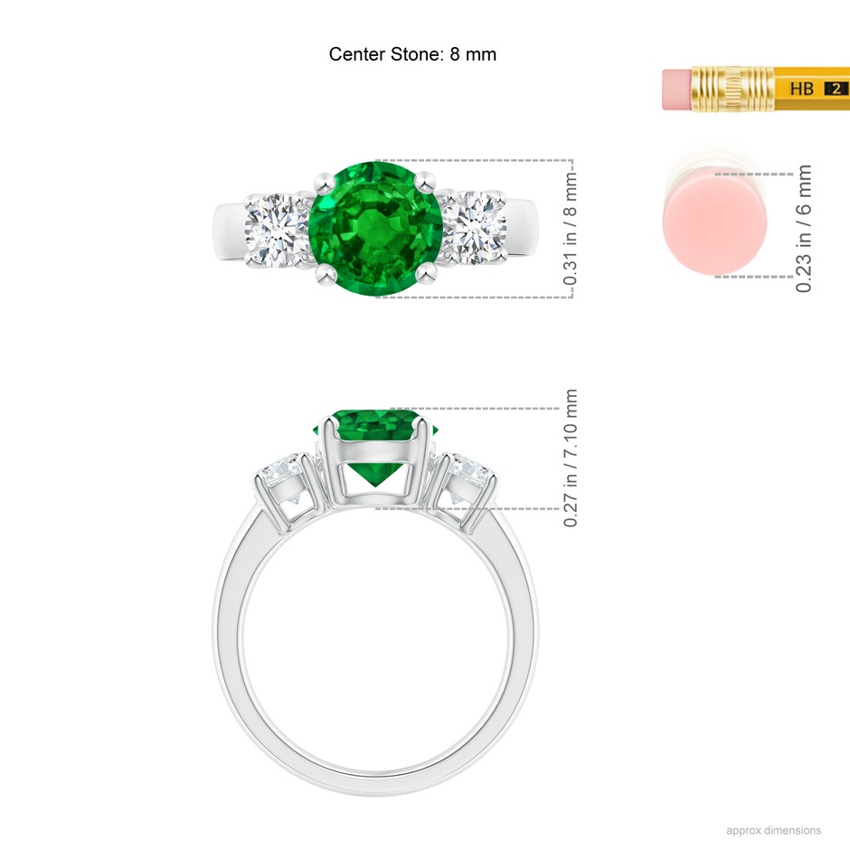 8mm AAAA Classic Emerald and Diamond Three Stone Engagement Ring in P950 Platinum ruler