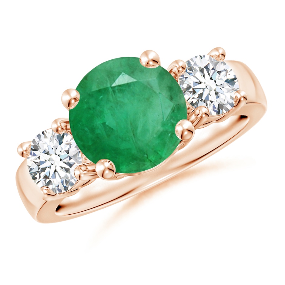 9mm A Classic Emerald and Diamond Three Stone Engagement Ring in Rose Gold 