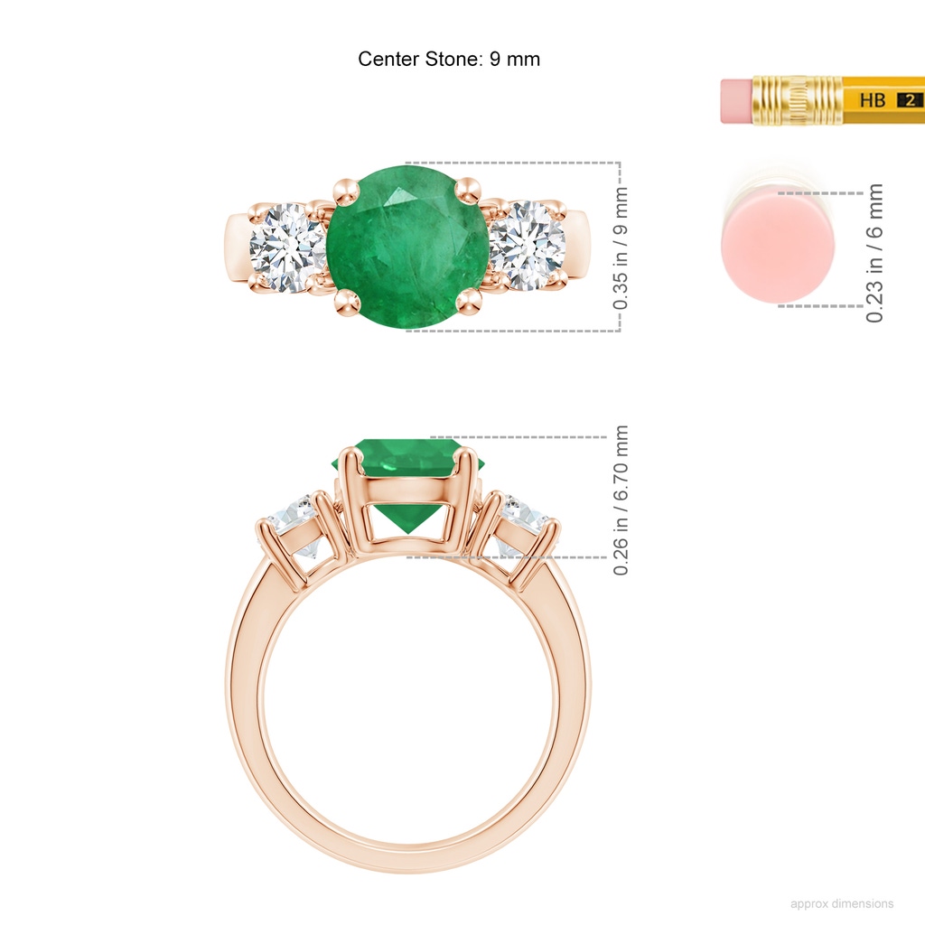 9mm A Classic Emerald and Diamond Three Stone Engagement Ring in Rose Gold ruler